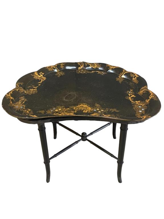 Lacquered Tray on Stand: Clam shell form, mother of pearl inlay, 21T x 31W x 25D