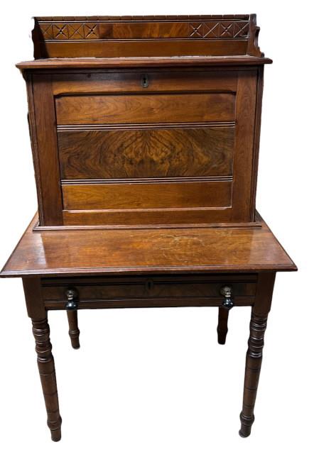 Walnut Eastlake Desk: Burl walnut accents, fitted interior with drawer