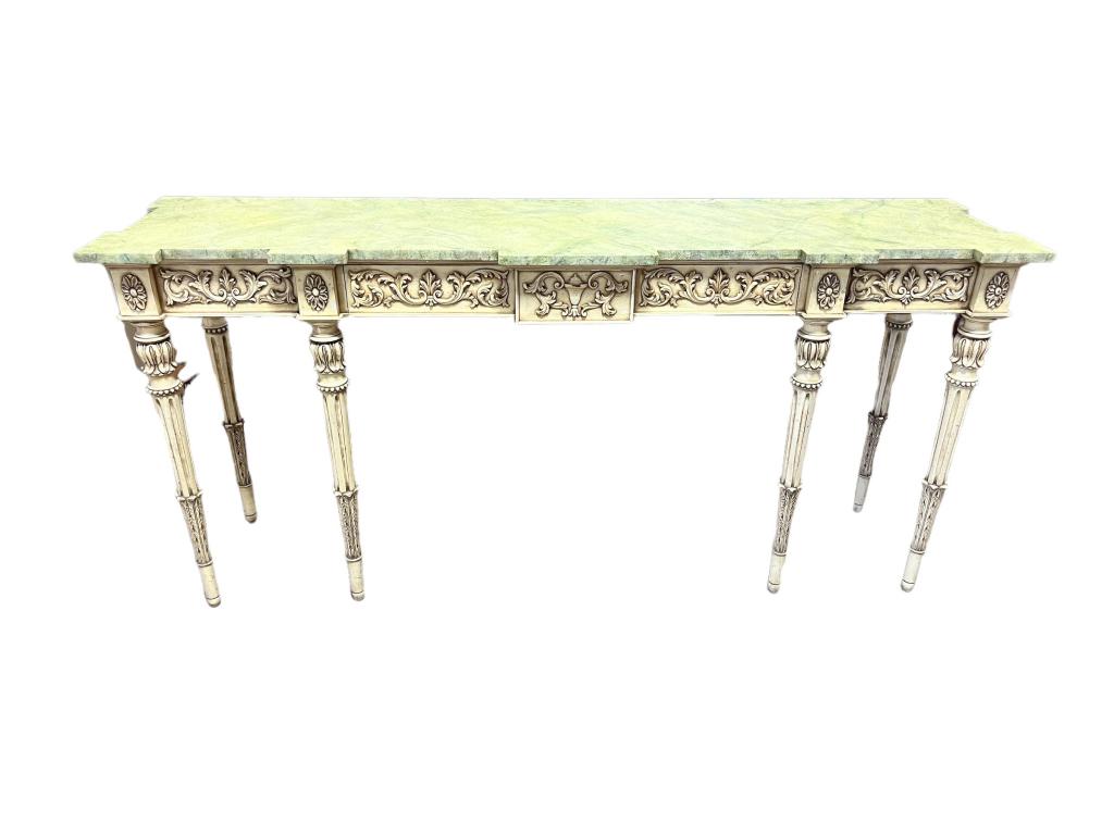 Karges Baroque Style Sofa Table: Faux marble top, acanthus leaf carvings , single drawer, 33 t x 69 l x 17 deep