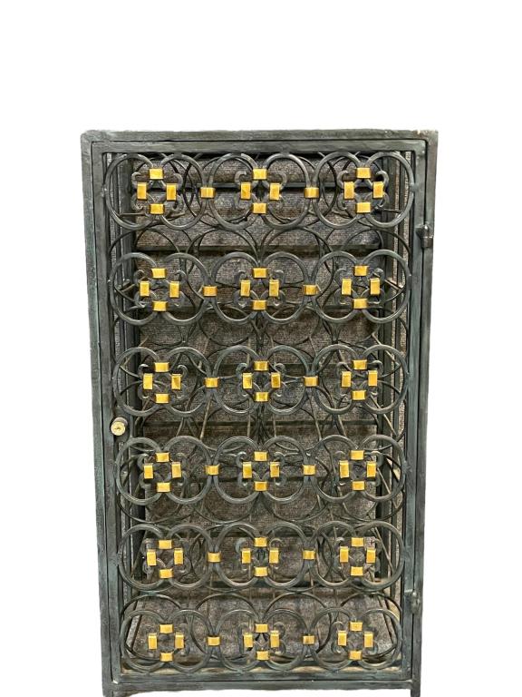 Iron Wine Safe: Contemporary Iron wine rack. Holds 28 bottles and Measures 34T x 19W x 16D