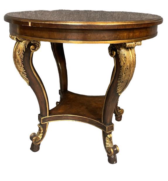 Henredon Neo Classical Style Occosinal Table: Burl Walnut top, acanthus carving, caved foot, 29T x 31 inches in diameter, minor veneer loss