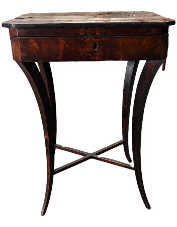 Flame Mahogany Sewing Stand: 19th C, crescent legs w cross stretcher, missing a few interior lids. 29.5 tall x 21 wide x 16 deep