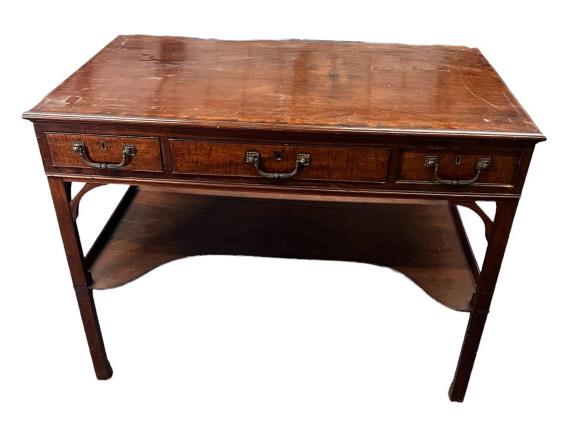 English Mahogany Writing Desk: Banded and dovetailed drawers, Barajas bail pulls, missing small trim pcs, see photos, 31 tall x 42 wide x 26 deep