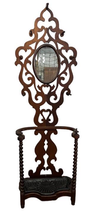 Barley Twist Walnut Hall Tree: Original iron pan, oval mirror in center, 87 tall x 29 wide x 15 deep