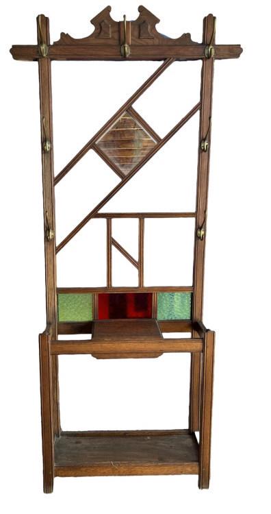 Oak Hall Tree W Stained Glass Panels (1 of 3)