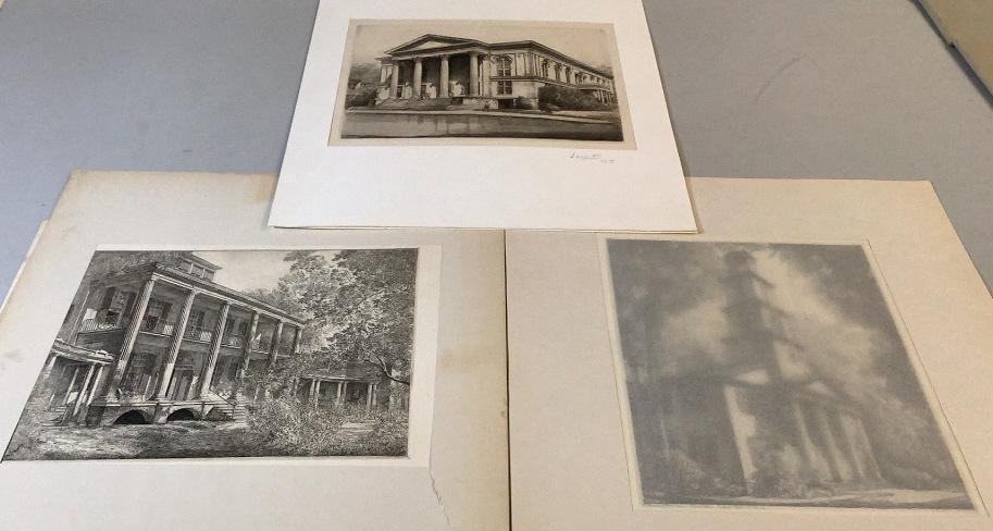 3 Louis Orr Engravings- Proof Plates: 1-7.5 x 10 inch, pencil notation as City Hall, Wilmington NC,cover matte with artist name and date of 1950, 2- Presbyterian Church New Bern NC, album 6 plate 26, 8 x 10 sight, 3- untitled 6 column bui