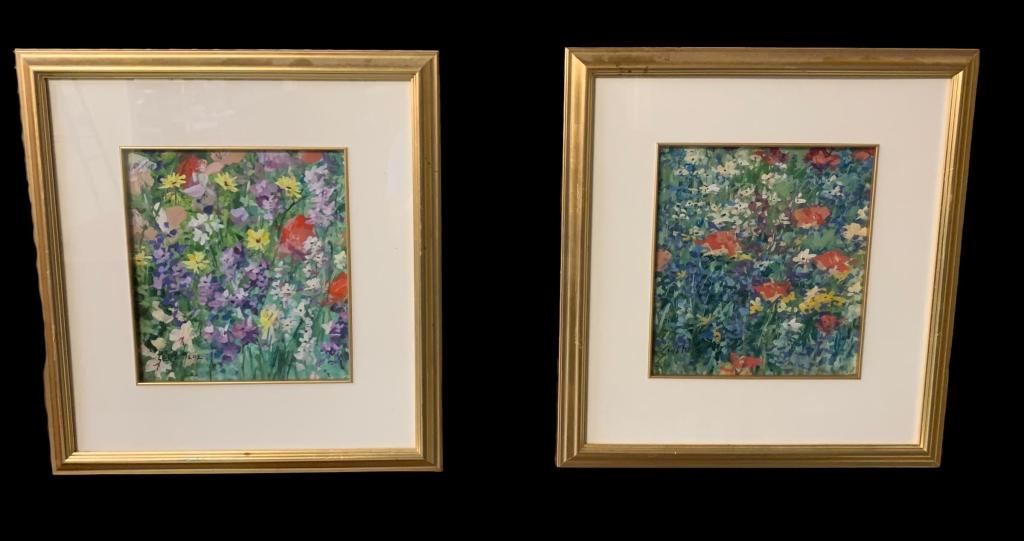 2 Floral Artworks, Gene Hege: North Carolina, 20th Century. Showing fields of flowers. Tempera on Paper, both signed lower left. Contemporary gold tone shadowbox frames, each with various surface scratches. Sights measure 10.5H x 