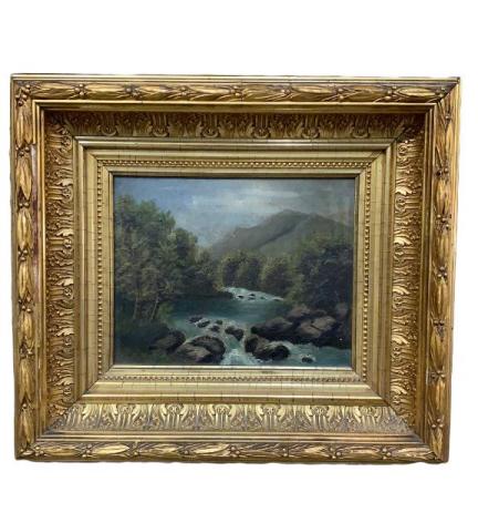 An American School Landscape Painting: Late 19th to Early 20th century. Oil on canvas, unsigned. Craquelure, surface dirt, and minor paint loss. Gold tone gesso frame with bellflower and acanthus accents. Some loss to gesso. Sight 7.5H x 9