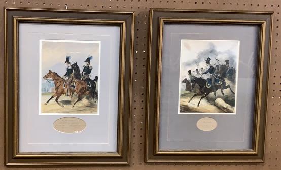 2 Framed European Lithographs: Showing the Grand Duchy of Mecklenburg and the Royal Prussian Military. With original pencil titles. hand colored. Creasing to prints, toning, glue marks present. COA’s on verso. Prints