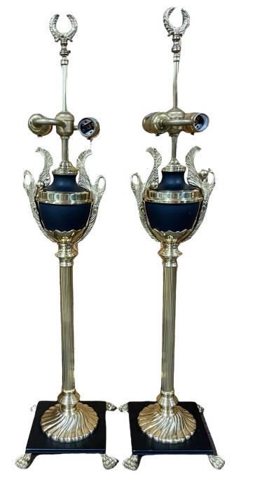 Pair Decorator Lamps: 30 inches tall, reeded columns below an urn form brass swans, fan base platform with paw feet