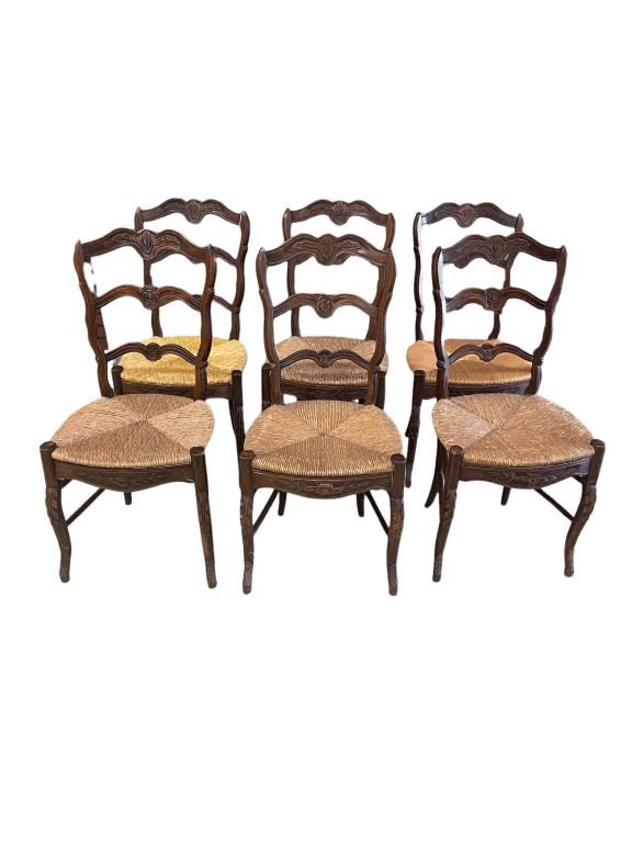 Set of 6 Carved French Oak Dining Chairs: Rush seats are in good condition, sturdy