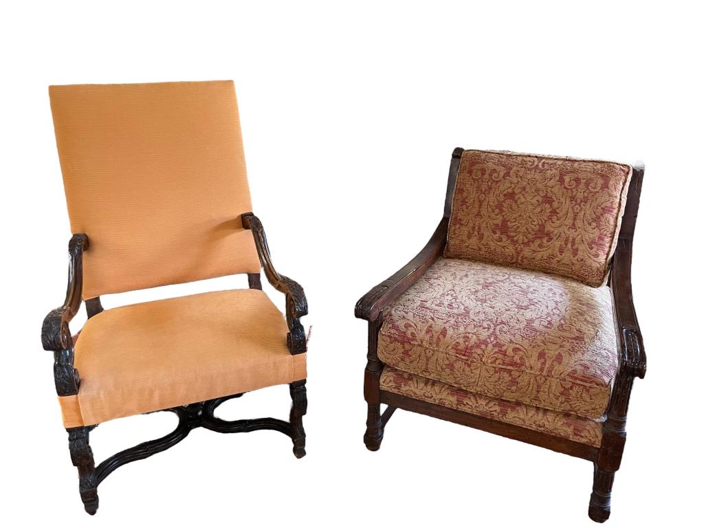 2 Carved French Arm Chairs: Carved Walnut Renaissance revival open armchair in clean peach upholstery, Fruitwood open armchair with 1/3 spindle back, clean upholstered removable cushions,