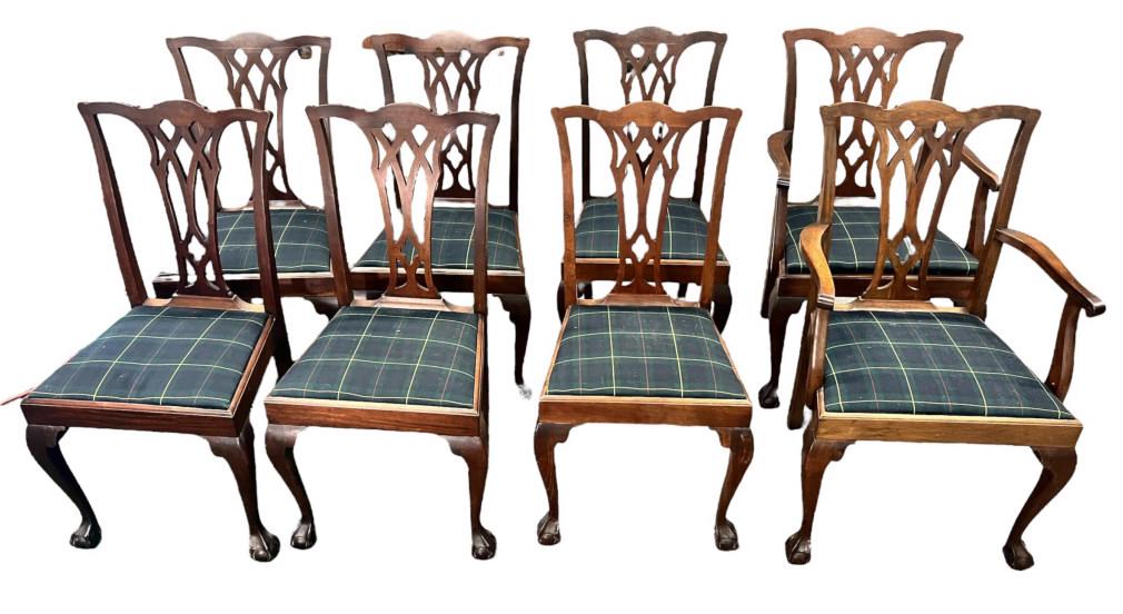 Set of 8 Centennial Chippendale Chairs: Clean seats, sturdy, a couple are sun faded
