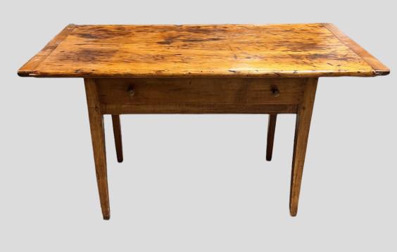 White Pine Shaker Work Table: Tapered legs, breadboard ends, burn patina on top, dovetailed drawers, 25H x46W x 25D