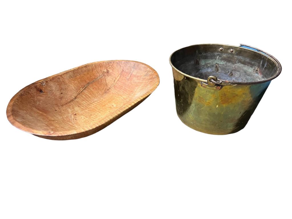 Dough Bowl, Brass Kettle: 22 inch Hand Crafted Curly Maple Dough Bowl, Rip Mannin, 1998, 13 inch brass kettle with bail handle