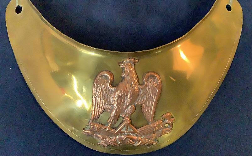 Republic of France Brass Gorget: 6 inch curved brass gorget bearing image of Gallic Rooster, above clasped hands, 1846 era
