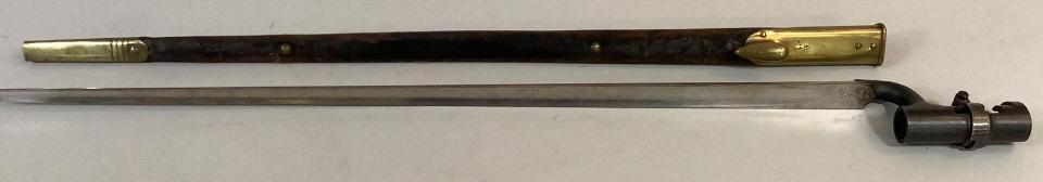 Rifle Bayonet with Scabbard: 25 inches , stamped at post, WD and Under crown mark, leather and brass scabbard, scabbard also stamped WD and 39