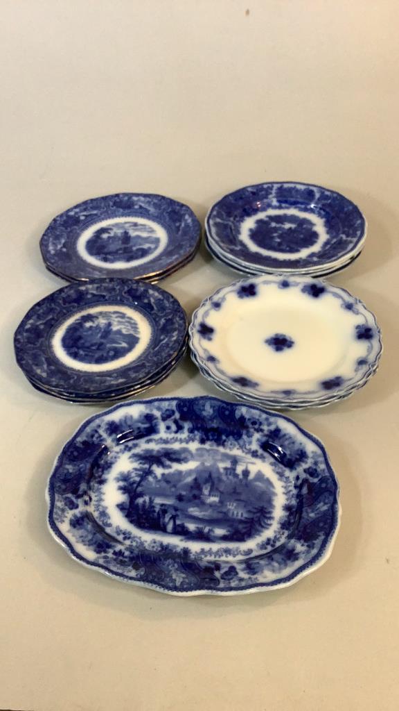 15 Pieces Flow Blue, Blue Transferware (1 of 6)