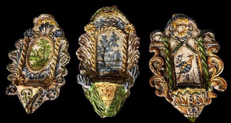 Three Italian Ceramic Wall Niches: Each 12 inches tall, hand painted designs