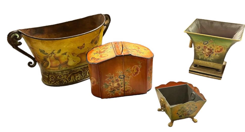 5 Pieces Decorative Tole Table Articles: Pair Planter Urns@ 7 inches, 7 x 14 inch planter with fruit Decoration , 9 inch double sided lunch box style , diminutive 3 x 4 inch planter with ring handles