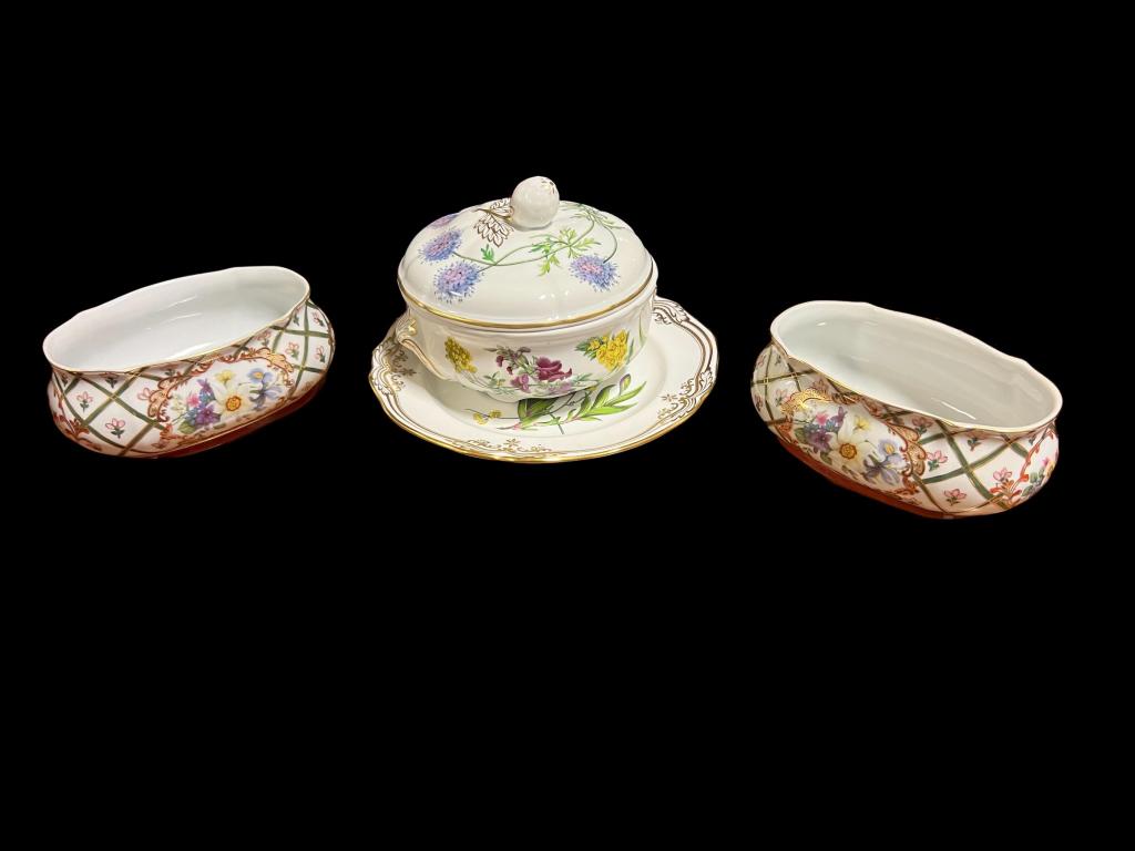 Spode and Royal Europe Porcelain: 11 inch Spode Charger, And a lidded casserole dish both in Staffordshire Flowers pattern, pair Royal Europe decorative planter vases
