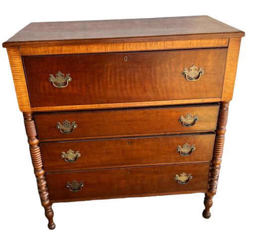 American Walnut & Tiger Maple Chest: Batwing pulls, turned feet, applied half columns, paneled ends, dovetailed drawers 47 t x 43 w x22d
