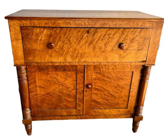 American BirdsEye Maple Butlers Cupboard: Butlers drawer over cupboard doors, applied half columns, paneled doors 8 interior drawers and cubbies, 46 t x 47 w x 23 d