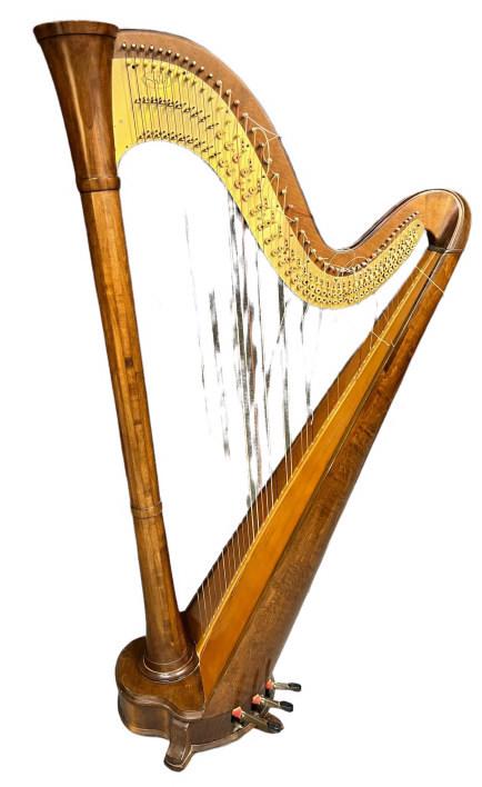 Salvi 6 Pedal Harp: Six pedal stand harp, birch and pine, several broken strings, a few superficial set face cracks, 68 tall x 36 wide x 17 deep, with case