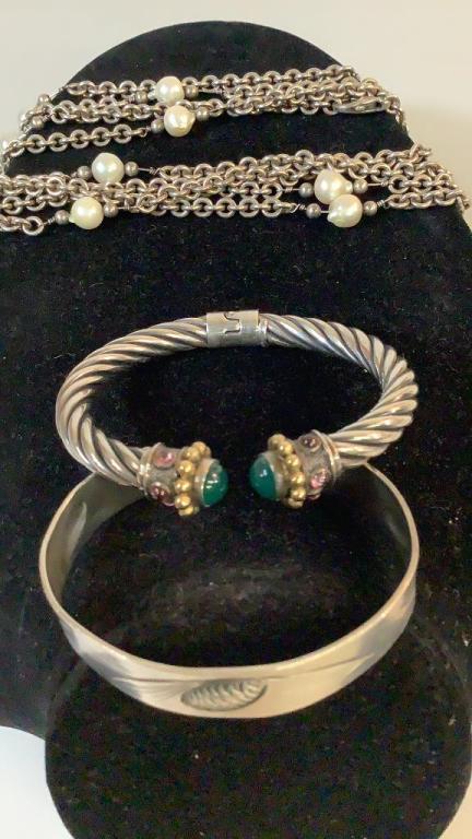 2 Sterling Bracelets , Silver Necklace: Stuart Nye sterling cuff with pine cones, Rope style hinged bracelet with stone, stamped Italy and 925, 32 inch link chain with freshwater Baroque pearls interspersed , clasp mark 925