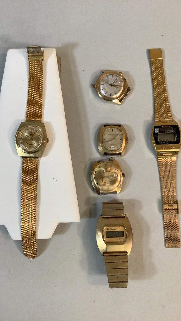 6 Vintage Watches: Omega Electra gold tone, Gerard Perragaux Chronometer, date ( face only), Seth ThomasQuartz window, Xernus Window wrist watch, Omega 23 Jewel Superstrong ( face only), Timex Automatic day/date face on