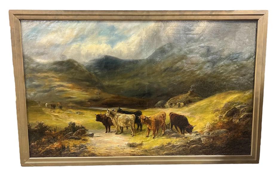 Oil On Canvas Scottish Highland Bulls: In the manor of Alfred Morris, several repairs, not signed, 49.25 x 29.75 sight