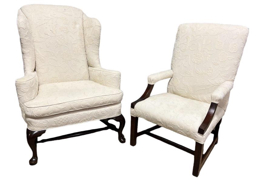 2 Crewel Work Chairs: Centennial Queen Anne wing back, period Chippendale open armchair