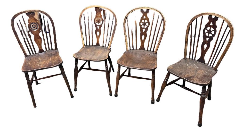 4 Elmwood Captains Windsors: 3 matching, shaped seats, 1920’s