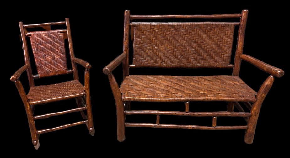 Old Hickory Style Rocker & Settee: Hickory frames, split oak seats, Saturday, well made, settee is 38 tall x 51 wide x 19 deep