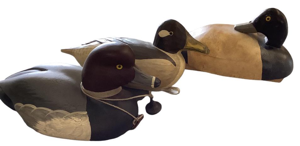 Three Decoys: Redhead 11 inch Big Sky Carvers, by Lee Smith, 12 inch unsigned decoy, heavy with painted features, 10 inch painted wood, stamped JMT,