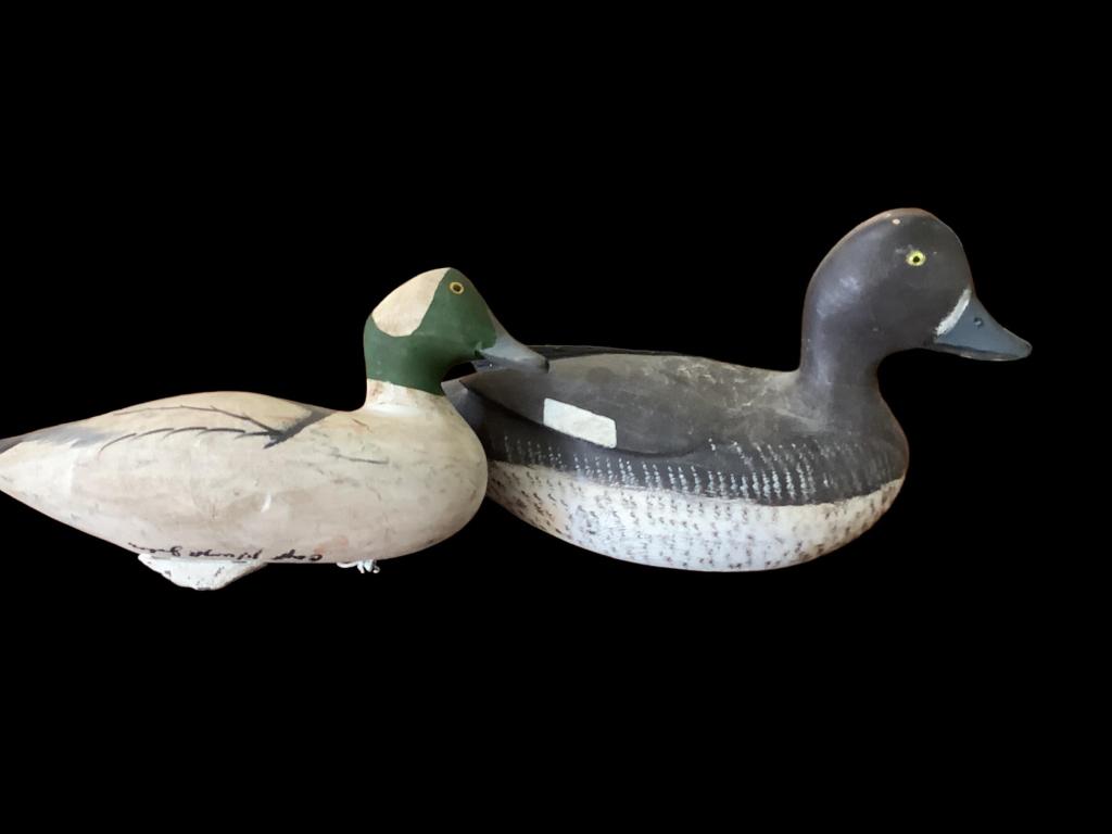 Harry Jobes Decoy, Painted Decoy: 12 inch decoy hand painted eyes, small keel weight, signed Capt. Harry Jobes, ( Jobes family Chesapeake decoy makers), 13 inch unsigned decoy, glass eyes, flat base, no weight