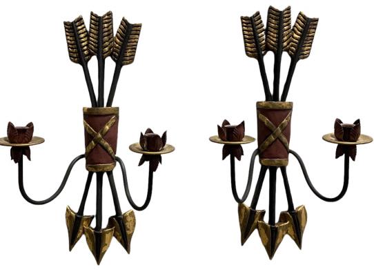 Pair of French Directoire Style Wall Sconces: Each with three sheathed arrows and two curved candelabras, painted composite and metal, unmarked, contemporary, 24H x 14W