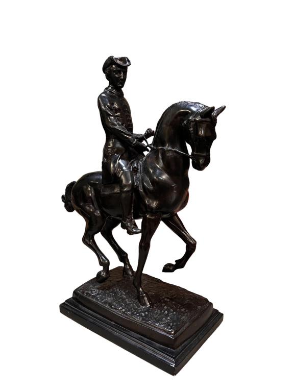 Bronze Paul Revere on Horse: Affixed to wooden base, No foundry mark, 19.5 tall x 16 long x 7.5 wide