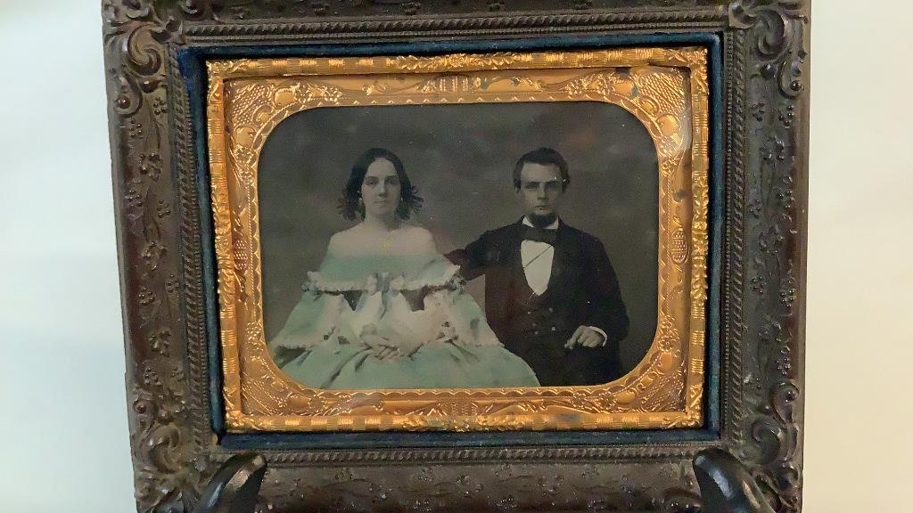 Wedding Tintype, Possibly from Belle Grove: Plantation ..Believed to be Emily Andrews and Edward Schaffer, Belle Grove largest plantation in Iberville Parish LA, circa 1860, 1/4 plate size, gutta percha frame