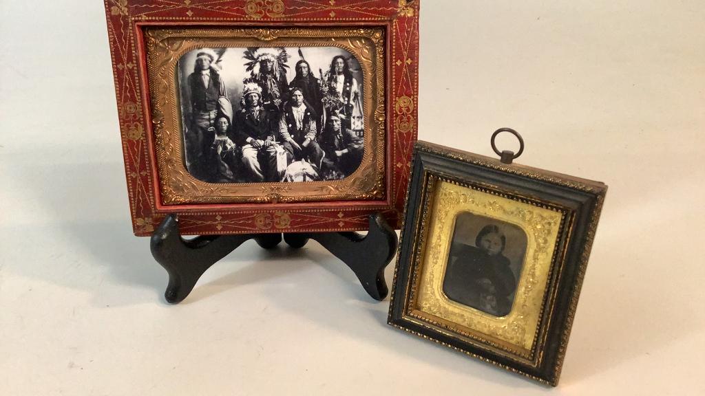 Tintype, Ambrotype Native Americans: Tintype of 8 Sioux possibly as delegation around 1872, 1/4 plate size open frame 2-Native American Child holding a small beaded bag, 1/9 plate size
