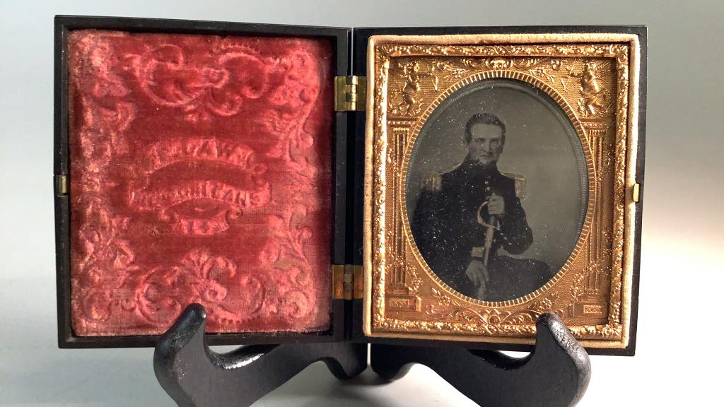 CSA Tintype, Holding Sword, Hand Tinted: Believed to be Capt. John D. Wood, 18th Louisiana Infantry, Killed at Shiloh, 1862, Wood was medical doctor before war I6 plate size in a Fine Gutta Percha Case
