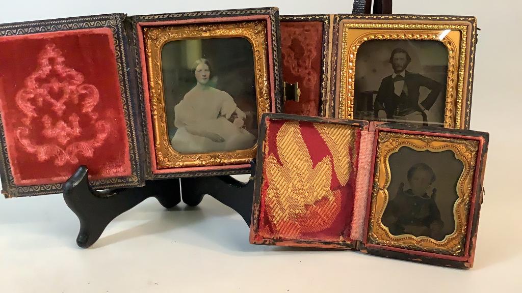 3 Ambrotypes: 1- 1/6 plate size, Southern Gentleman embossed case, photographer as George Cook, Charleston, 2-1/6 plate size of Southern Lady, dressed in off shoulder gown, holding flower, 3-1/9 plate size young ch