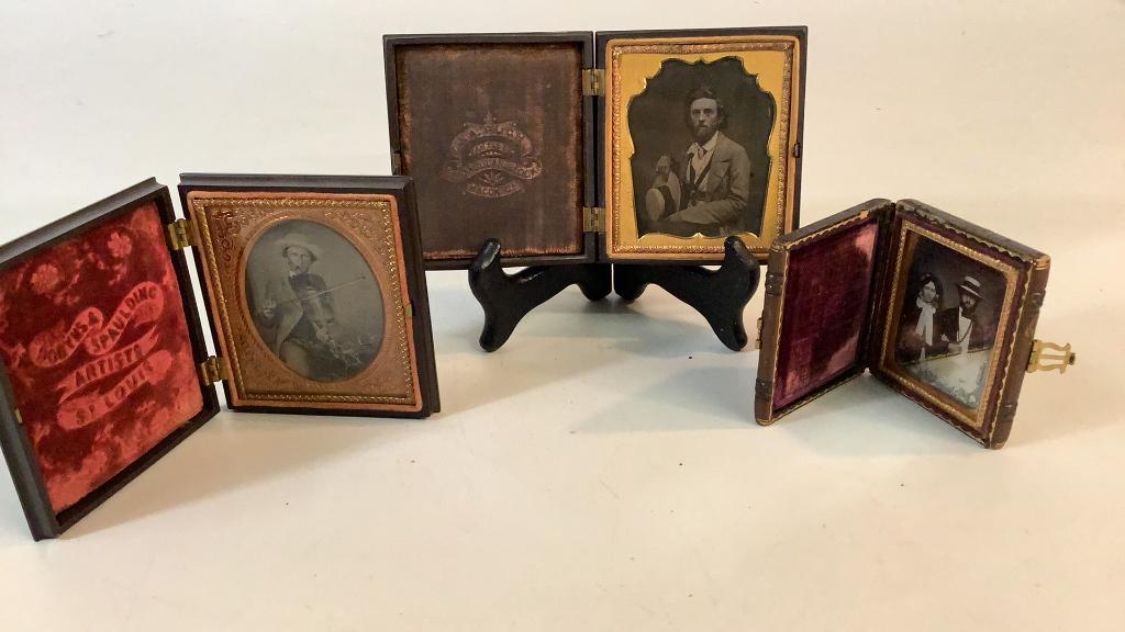 Tintype, Ambrotype, Daguerreotype: 1-1/6 Plate size tintype of a Georgia Gentleman in JH Pugh case, 1/6 plate Ambrotype of Gentlemen with Fiddle, planters hat, in Gutta Percha case, 3-1/9 plate size Daguerreotype of couple possibly fro