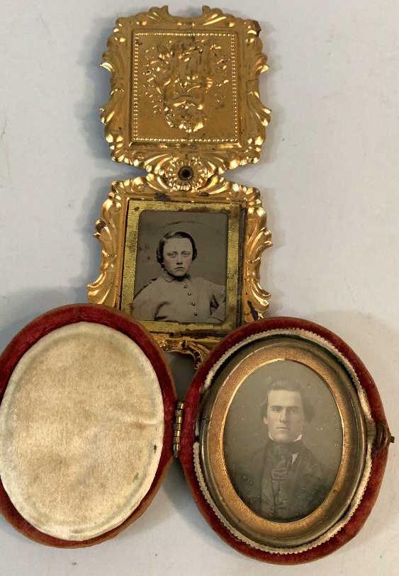 Daguerreotype, Tintype Locket of Drummer Boy: 1- oval daguerreotype possibly James Owen Carr, Dublin Rifles, Captured at Fishers Hill VA ( not in uniform ), 2- 1 x 1 3/4 inch tintype in fancy locket case, possibly a Drummer Boy for LA Militia