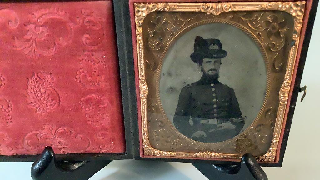 Tintype CSA Officer: Believed to be William Willis Blackford, Chief engineer 1st Virginia Calvary, shown in Uniform with hat, belt plate, sword, 1/6 plate size, embossed patriotic case