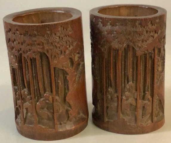 Pair Carved Bamboo Brush Pots: Unusual pair of matched 7 x 4.5 inch brush pots, intricate carved scenes of gathered elders in a wooded setting, nice patina to each
