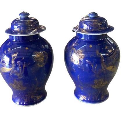 Pair Export Porcelain Ginger Jars: 15 inch tall Ginger Jars, in a blue glaze with gilt decoration to body, showing peacocks and some floral, base is marked only with double blue rings