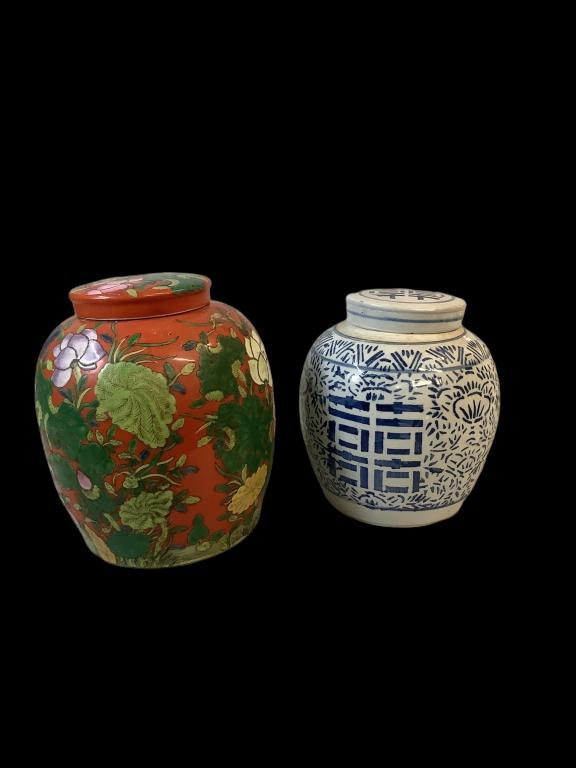 2 Asian Export Porcelain Jars: 11 inch lidded Temple Jar, multi florals onnburnt orange ground, red seal mark, 10 inch Ginger Jar with Good Fortune symbol