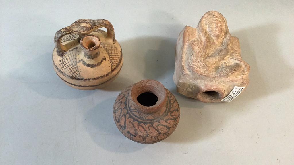 3 Pieces Early Pottery: 5 inch Double goddess effigy flask, believed Phoenician, Lebanon, Mycenean jar, 4 inches, decorated body, 3 inch perfume jar from Babylonnarea, with painted Ibex decoration