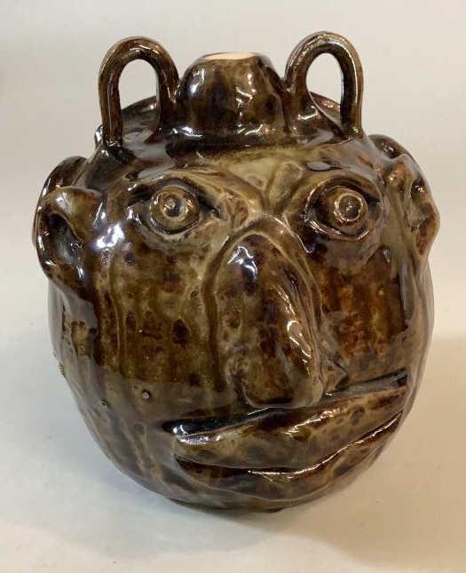 Ryan Miller Double Face Jug: 9 inches tall, heavy clay, runny glaze, close mouth/open mouth jug, signed and dated 2009